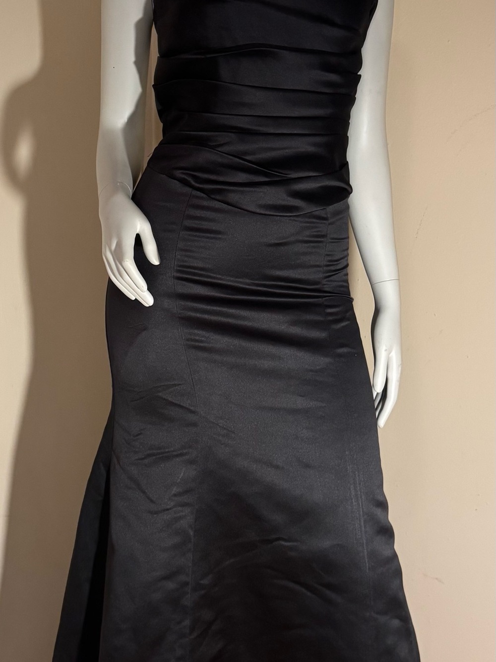 Bill Levkoff Black Satin Ruched Maxi Gown